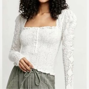 Free People Crochet lace smocked Long Sleeve Low Cut top Cottagecore Prairie Nwt
